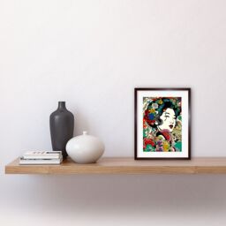 "Artery8 Wall Art Print Modern Geisha Portrait Flower Patterns Bright Floral Japan Japan Sage Green Artwork Framed 9X7 Inch in Brown - Size: W7"" x H9""" - thumbnail 2