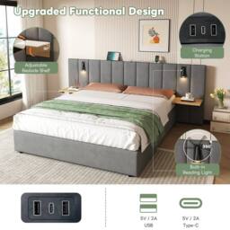 Matteo King Upholstered Bed with Charging, Velvet Hydraulic Storage in Grey - thumbnail 6