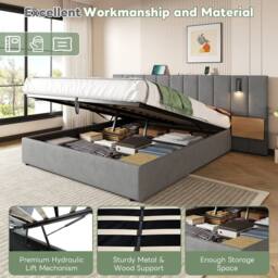 Matteo King Upholstered Bed with Charging, Velvet Hydraulic Storage in Grey - thumbnail 8