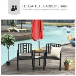 OUTSUNNY Tete-a-tete Chair 2-Seater Steel Bench w/ Coffee Table Backyard Porch in Black - thumbnail 4