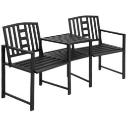 OUTSUNNY Tete-a-tete Chair 2-Seater Steel Bench w/ Coffee Table Backyard Porch in Black - thumbnail 2