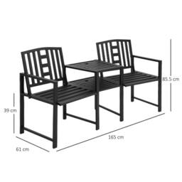 OUTSUNNY Tete-a-tete Chair 2-Seater Steel Bench w/ Coffee Table Backyard Porch in Black - thumbnail 3