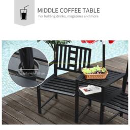 OUTSUNNY Tete-a-tete Chair 2-Seater Steel Bench w/ Coffee Table Backyard Porch in Black - thumbnail 6