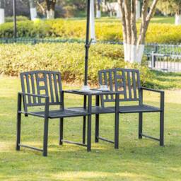 OUTSUNNY Tete-a-tete Chair 2-Seater Steel Bench w/ Coffee Table Backyard Porch in Black - thumbnail 1