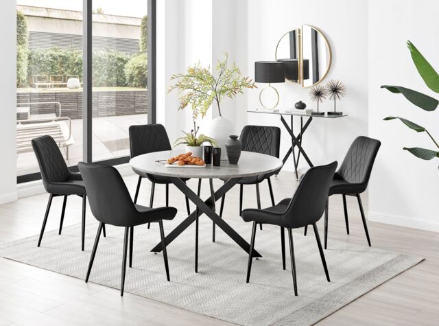 FurnitureboxUK Novara Grey Concrete Effect Black Leg 120cm Round Dining Table & 6 Pesaro Black Leg Chairs - image 1