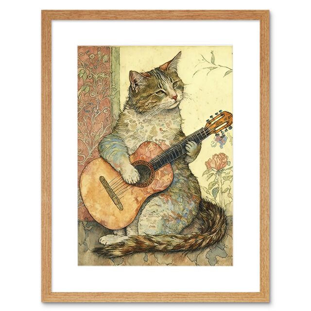 "Artery8 Wall Art Print Street Musician Cat with Guitar by Flower Pattern Mural Pastel Watercolour Artwork Framed 9X7 Inch in Beige - Size: W7"" x H9""" - image 1