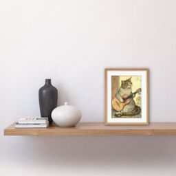 "Artery8 Wall Art Print Street Musician Cat with Guitar by Flower Pattern Mural Pastel Watercolour Artwork Framed 9X7 Inch in Beige - Size: W7"" x H9""" - thumbnail 2