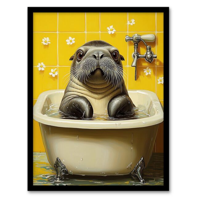 Artery8 Cute Walrus Yellow Bathroom Bathtub Bath Time Framed Art Print - Size: A4 - image 1
