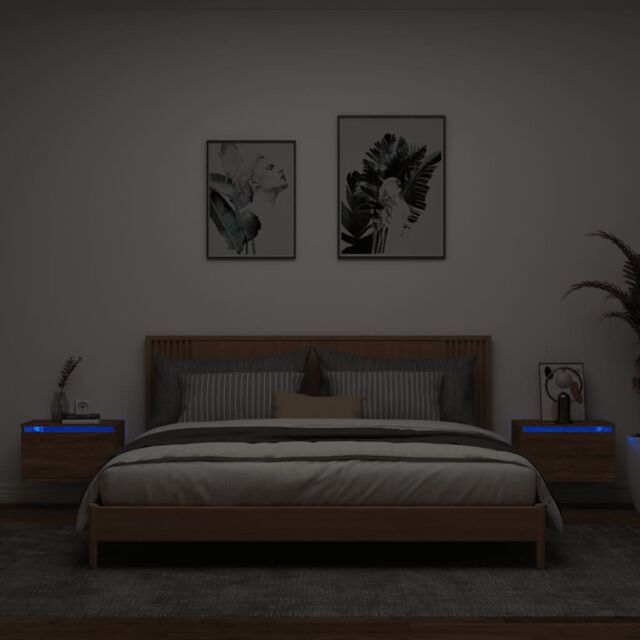 Berkfield Home Wall-mounted Bedside Cabinets with LED Lights 2 pcs Brown Oak - image 1