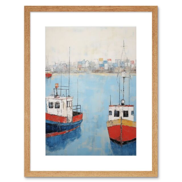 Artery8 Wall Art Print Trailer Trawler Boats in Harbour Oil Painting Red Blue Abstract Coastal Town Bathroom Artwork Framed 9X7 Inch - image 1