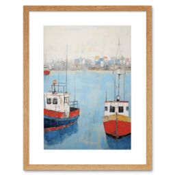 Artery8 Wall Art Print Trailer Trawler Boats in Harbour Oil Painting Red Blue Abstract Coastal Town Bathroom Artwork Framed 9X7 Inch - thumbnail 1