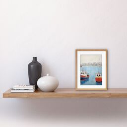 Artery8 Wall Art Print Trailer Trawler Boats in Harbour Oil Painting Red Blue Abstract Coastal Town Bathroom Artwork Framed 9X7 Inch - thumbnail 2