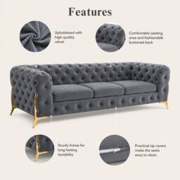 Stratus Interiors Italian Chesterfield Plush Velvet Sofa Luxury Lounge Seating- 3 Seater in Light Grey - Size: 190 cm x 60 cm - thumbnail 2