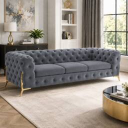 Stratus Interiors Italian Chesterfield Plush Velvet Sofa Luxury Lounge Seating- 3 Seater in Light Grey - Size: 190 cm x 60 cm - thumbnail 1