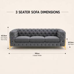 Stratus Interiors Italian Chesterfield Plush Velvet Sofa Luxury Lounge Seating- 3 Seater in Light Grey - Size: 190 cm x 60 cm - thumbnail 3
