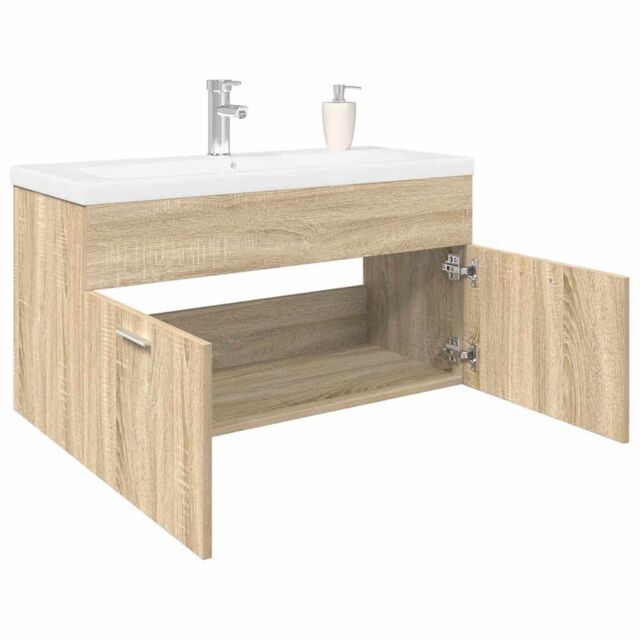 Berkfield Home Bathroom Sink Cabinet with Built-in Basin Sonoma Oak in Brown - image 1