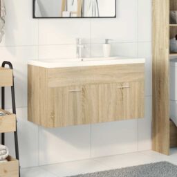 Berkfield Home Bathroom Sink Cabinet with Built-in Basin Sonoma Oak in Brown - thumbnail 3