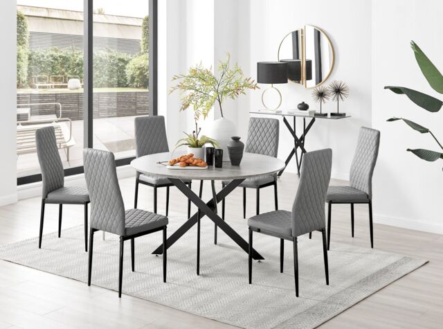 FurnitureboxUK Novara Grey Concrete Effect Black Leg 120cm Round Dining Table & 6 Milan Black Leg Chairs - image 1
