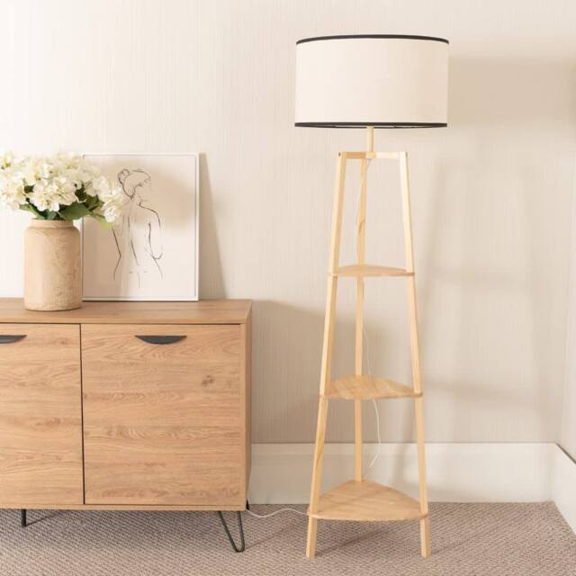 ValueLights Hiru Wooden 3 Tier Shelf Floor Lamp with Trimmed Linen Shade & Bulb in Black - image 1