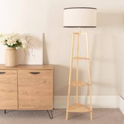 ValueLights Hiru Wooden 3 Tier Shelf Floor Lamp with Trimmed Linen Shade & Bulb in Black