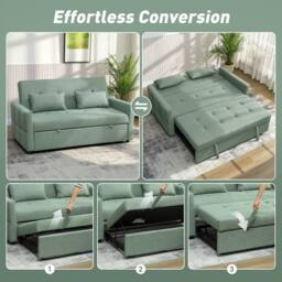 HOMCOM 2 Seater Sofa Bed, Convertible Pull Out Bed Settee, Light Green - thumbnail 4