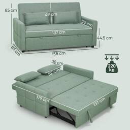 HOMCOM 2 Seater Sofa Bed, Convertible Pull Out Bed Settee, Light Green - thumbnail 3