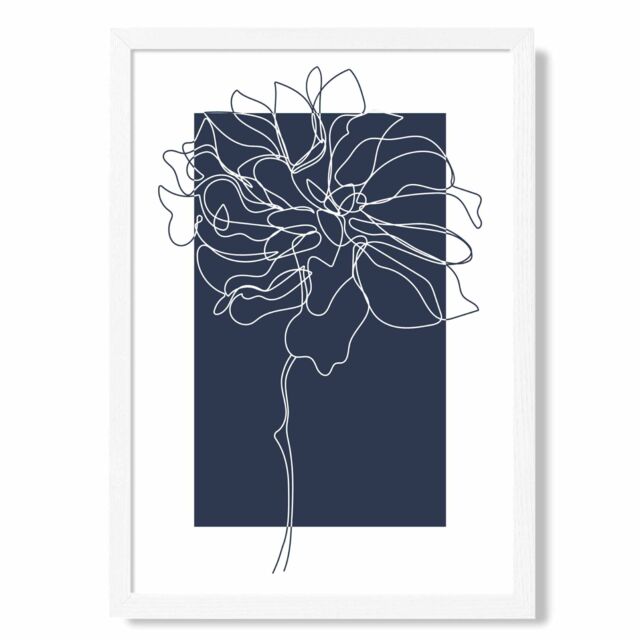 ARTZE Navy Blue & White Abstract Floral Line Art Framed Print SIZE: A3 with White Frame - Size: A4 - image 1
