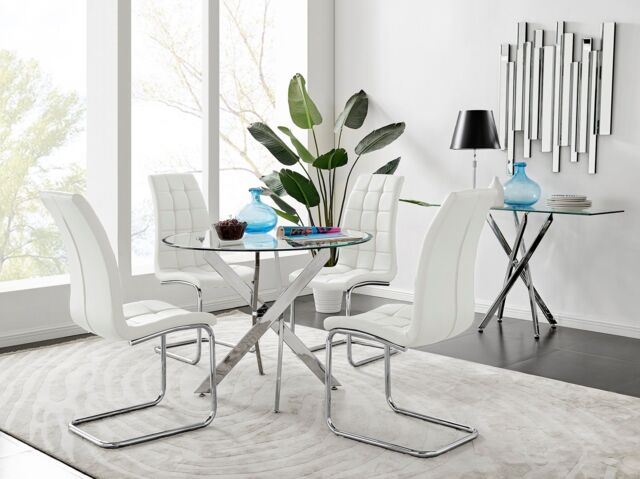 FurnitureboxUK Novara Chrome Metal 100cm Round Glass Dining Table & 4 Murano Dining Chairs in White - image 1