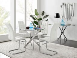 FurnitureboxUK Novara Chrome Metal 100cm Round Glass Dining Table & 4 Murano Dining Chairs in White