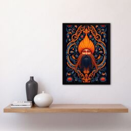 Artery8 Wall Art Print Sikh Guru & Botanical Pattern Vibrant Concept Art Orange Blue Vegetal Design Artwork Framed - Size: A4 - thumbnail 4