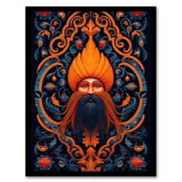 Artery8 Wall Art Print Sikh Guru & Botanical Pattern Vibrant Concept Art Orange Blue Vegetal Design Artwork Framed - Size: A4 - thumbnail 1