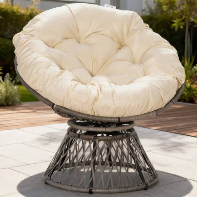 ERGOVEXA 360° Swivel Rattan Moon Bowl Chair Round Lounge Garden Wicker, Beige - image 1