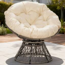ERGOVEXA 360° Swivel Rattan Moon Bowl Chair Round Lounge Garden Wicker, Beige - thumbnail 2