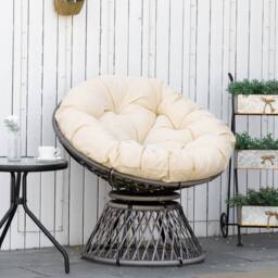 ERGOVEXA 360° Swivel Rattan Moon Bowl Chair Round Lounge Garden Wicker, Beige - thumbnail 4