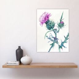 "Artery8 Scottish Thistle Flower Bloom Floral Watercolour Wall Art Print in Purple - Size: W24"" x H32""" - thumbnail 4