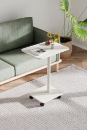 Living and Home Modern Minimalist C Shaped Side Table with Lockable Wheels in White - thumbnail 1