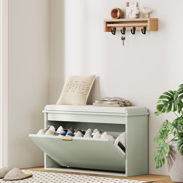 HOMCOM Shoe Storage Bench with Cushion & Flip-Drawer in Green - image 1