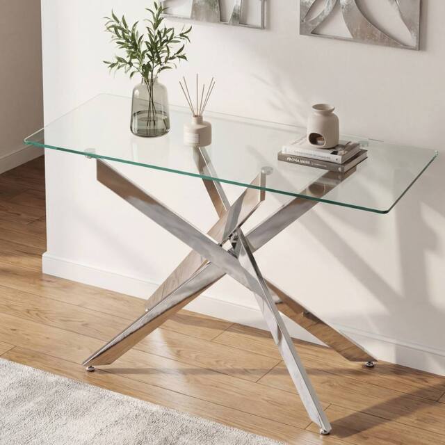 Costway Glass Console Table 115CM Entryway Table w/ Clear Tempered Glass Top in Silver - image 1