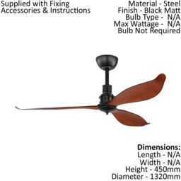 Loops Remote Control Electric Ceiling Fan Matt Black Steel Conservatory 1320mm - thumbnail 2