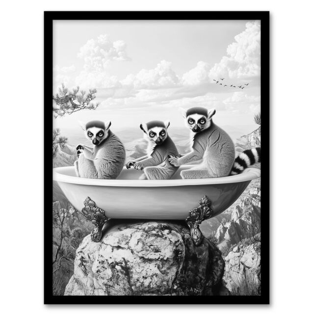 "Artery8 Ring-tailed Lemurs in Bathtub Black White Surreal Framed Art Print in Grey - Size: W12"" x H16""" - image 1