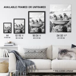 "Artery8 Ring-tailed Lemurs in Bathtub Black White Surreal Framed Art Print in Grey - Size: W12"" x H16""" - thumbnail 3