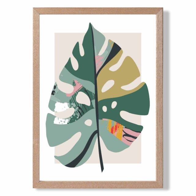 ARTZE Monstera Leaf Green & Red Minamilist Framed Print SIZE: A4 with Oak Frame - Size: A3 - image 1