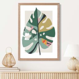 ARTZE Monstera Leaf Green & Red Minamilist Framed Print SIZE: A4 with Oak Frame - Size: A3 - thumbnail 2