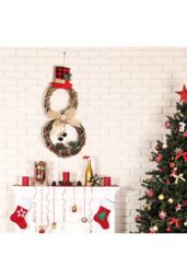 Living and Home Christmas Lighted Snowman with Hat Wreath Front Door Decor in Brown - thumbnail 4