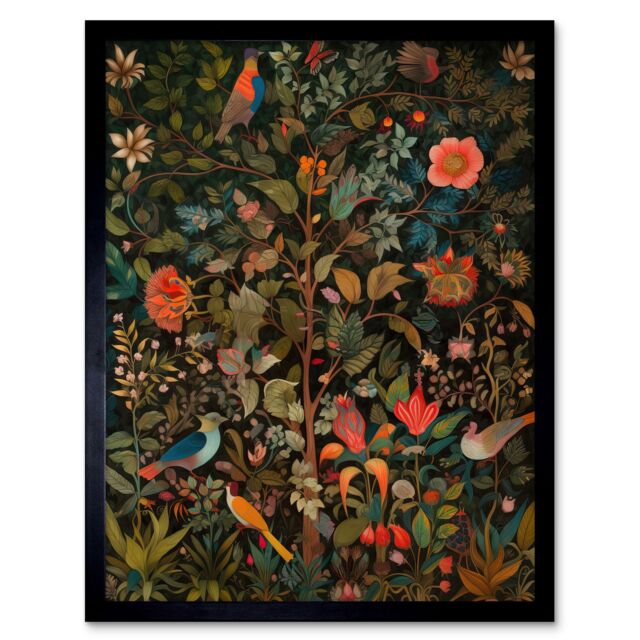 "Artery8 Wall Art Print Birds on Blooming Trees in Spring Modern Folk Art Framed in Black - Size: W12"" x H16""" - image 1