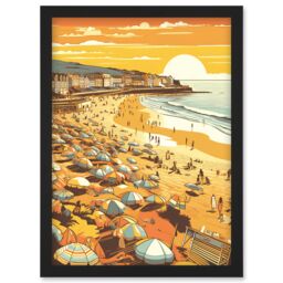 Artery8 Summer Sunset at Busy Sandy Promenade Beach Artwork Framed Wall Art Print A4 in Black - thumbnail 1