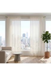 Living and Home 2 Panels Semi-sheer Lace Curtains with Tassels in Beige - Size: 140 cm width x 229 cm drop - thumbnail 1