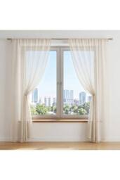 Living and Home 2 Panels Semi-sheer Lace Curtains with Tassels in Beige - Size: 140 cm width x 229 cm drop - thumbnail 2