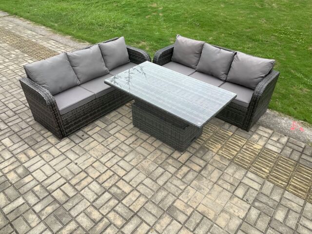 Fimous 6 Seater Garden Dining Sets Outdoor Rattan Furniture Lounge Sofa Height Adjustable Rising lifting Table Set in Dark Grey - image 1