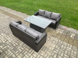 Fimous 6 Seater Garden Dining Sets Outdoor Rattan Furniture Lounge Sofa Height Adjustable Rising lifting Table Set in Dark Grey - thumbnail 2